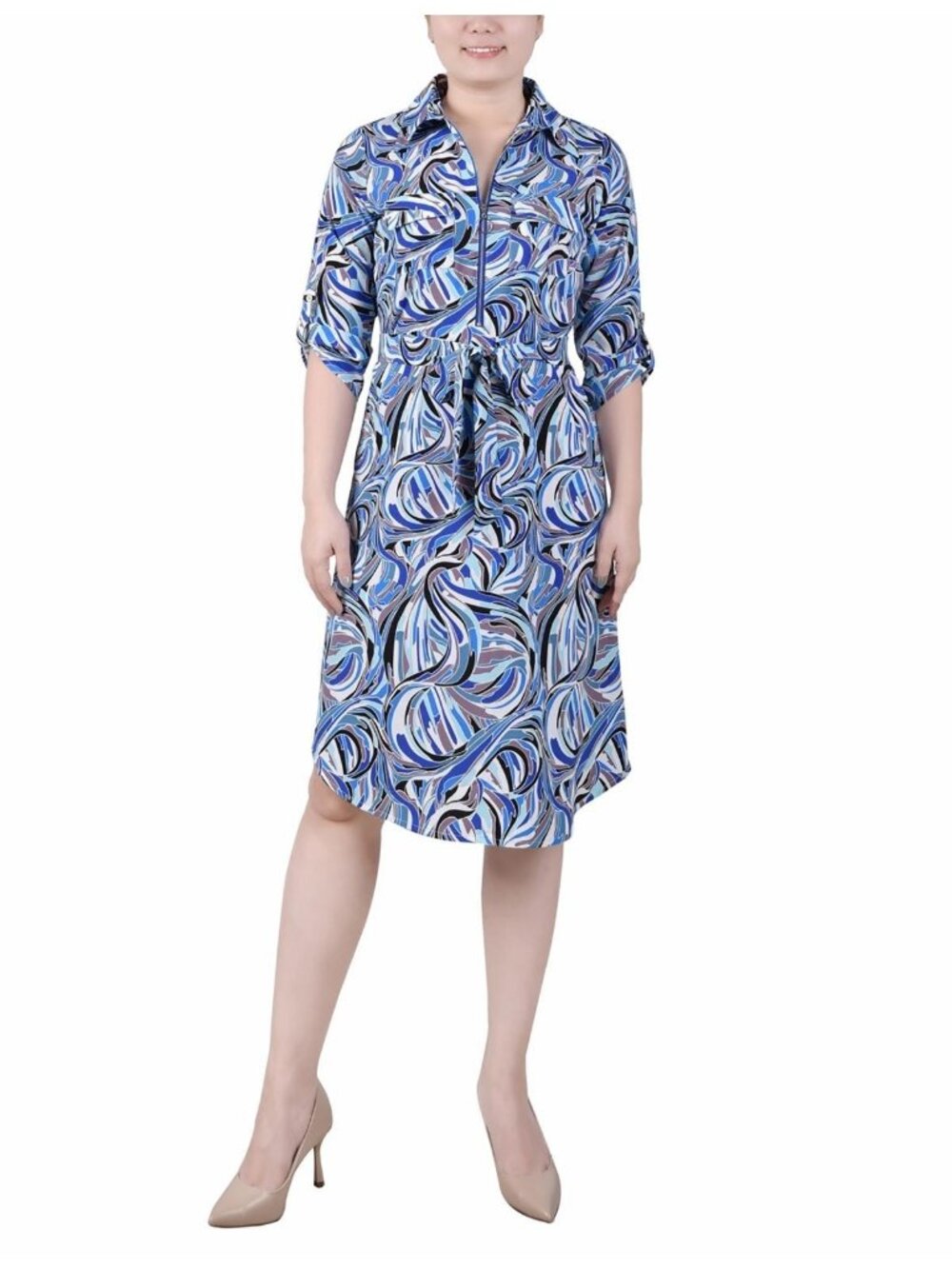 NY Collection Petite 3/4 Roll Tab Zip Front Shirtdress Blue Size PL MSRP $54